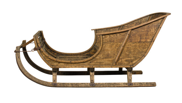 Antique wooden sleigh with curved runners and metal accents, isolated on transparent background