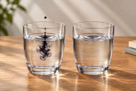 Two glass cups of water, a drop of ink causes ripples in both simultaneously.