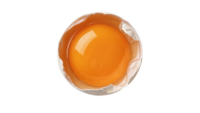 Broken chicken egg with bright orange yolk and cracked shell, isolated on transparent background