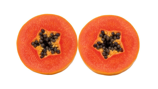 Two ripe papaya halves showing star-shaped seed cavities, isolated on transparent background
