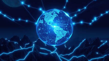 Obraz premium Glowing Earth surrounded by network connections, mountains below. Dark blue tones dominate image, creating futuristic feel.