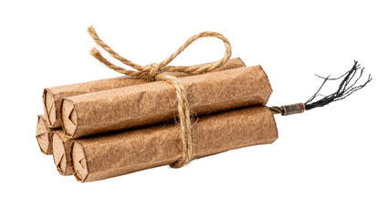 Bundle of dynamite sticks wrapped in brown paper and tied with twine, isolated on transparent background © Niamh