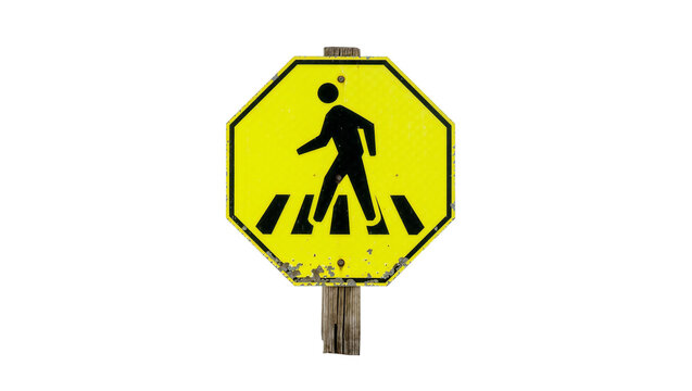 Yellow octagonal pedestrian crossing sign on wooden post, isolated on transparent background