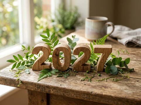 Wooden 2027 numbers on a rustic wooden table with green leaves