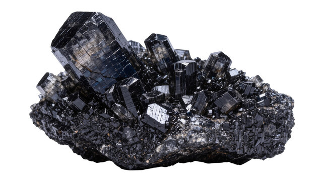 Cluster of black tourmaline crystals, isolated on transparent background