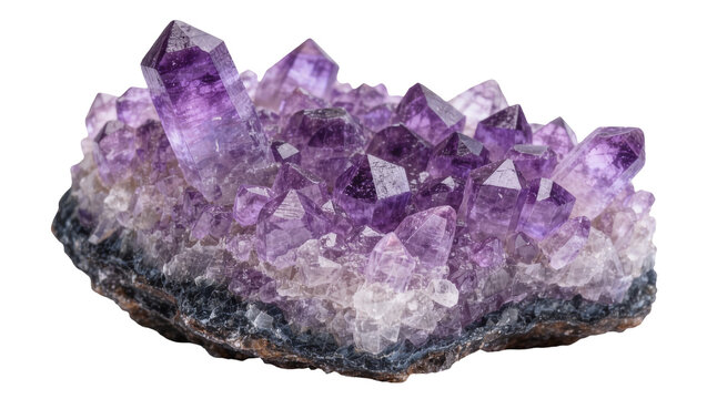 Cluster of sparkling purple amethyst crystals, isolated on transparent background