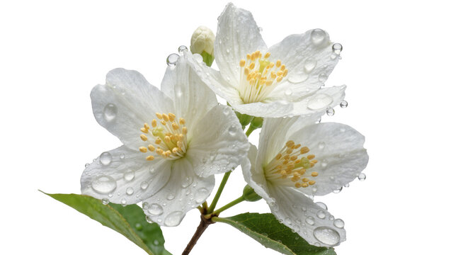Delicate white jasmine flowers with water droplets, isolated on transparent background