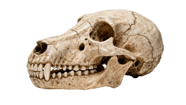 Ancient primate skull with prominent teeth, isolated on transparent background
