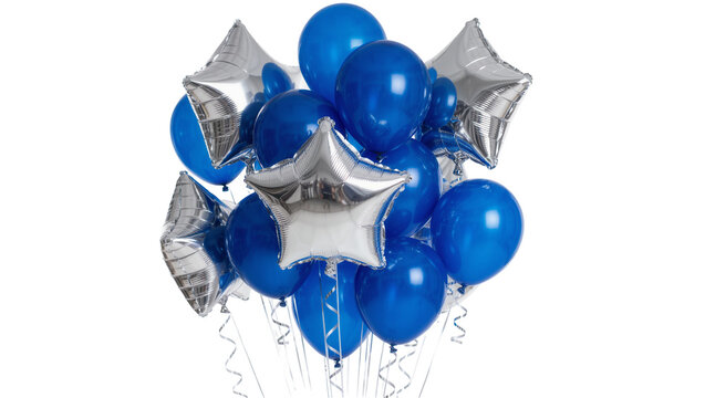 Shiny blue and silver star and round balloons, isolated on transparent background