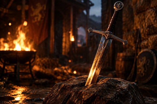 Medieval longsword embedded in stone, blade reflecting firelight in shadows.
