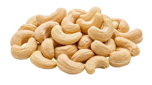 Pile of raw cashew nuts curved shape light beige color, isolated on transparent background