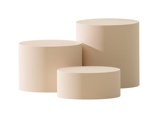 Empty 3D beige cylinder pedestal podium stand product display mockup isolated on transparent png background