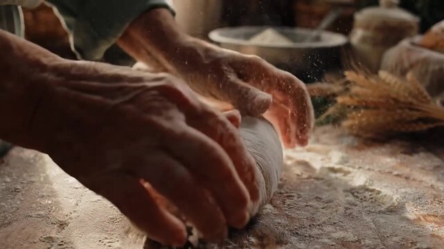 Close-up of hands kneading bread dough on a floured rustic wooden table