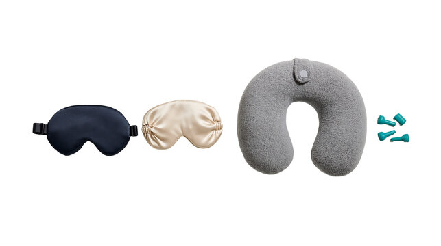 Travel sleep set with two eye masks, grey neck pillow and teal earplugs