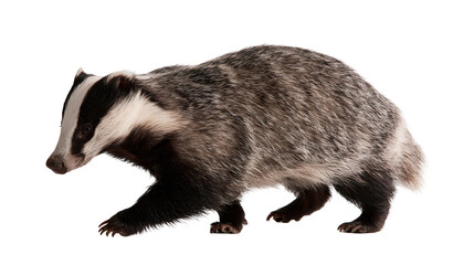 European badger with distinctive black and white striped face and grey fur © Cressida