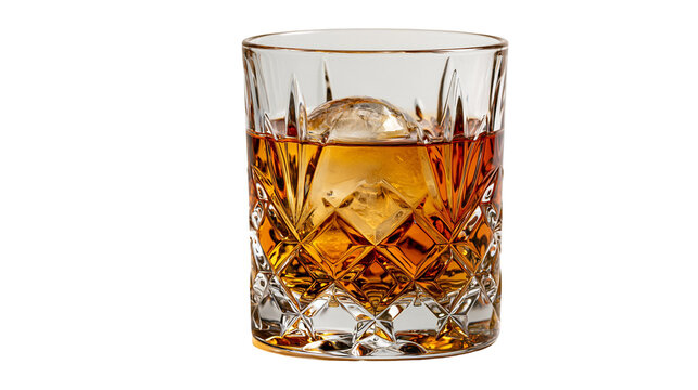 Amber whiskey in a crystal cut glass tumbler with a large round ice sphere