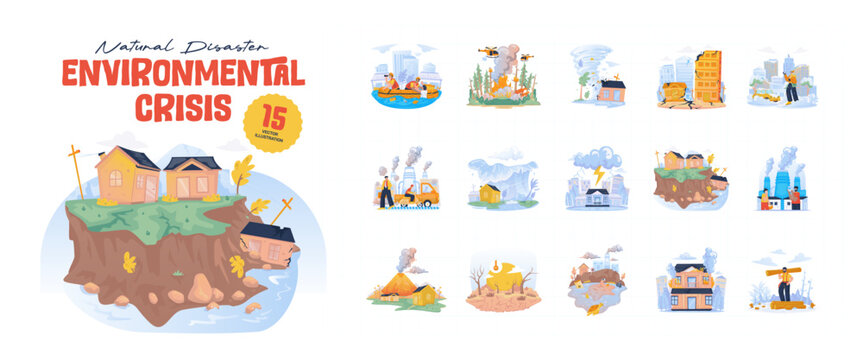Natural Disaster and Environmental Crisis Vector Illustration Set