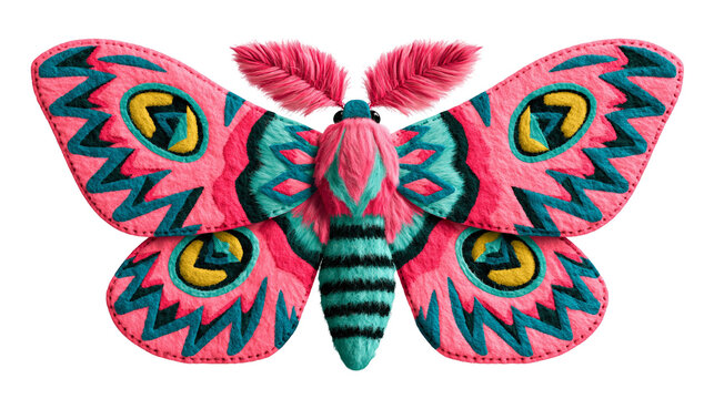 Vibrant pink and teal fuzzy moth with intricate geometric wing patterns