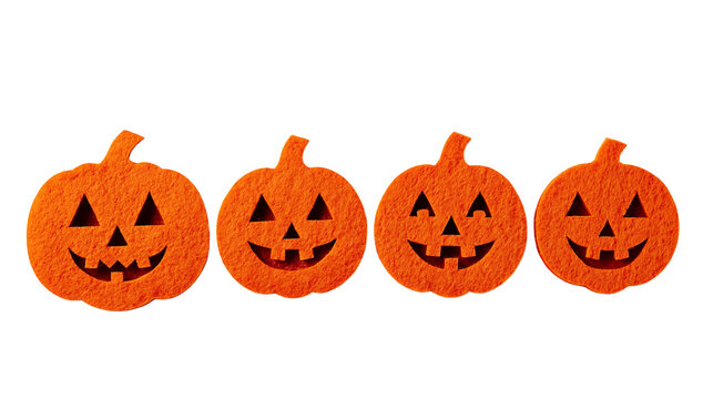 Four orange felt jack-o-lantern pumpkin shapes for Halloween decoration