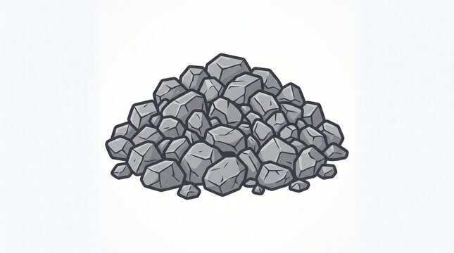 Pile of irregular crushed rocks in gray beige and dark charcoal tones with rough jagged textures small pebbles and dusty fragments scattered around isolated on white