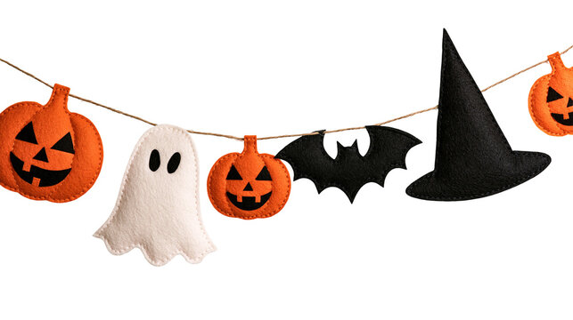 Felt Halloween garland with pumpkins ghost bat and witch hat on twine string
