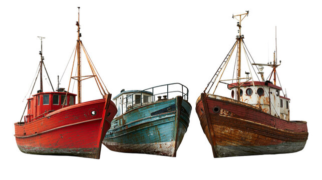 Three weathered vintage fishing trawlers with red and teal hulls