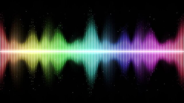 Rainbow audio spectrum wave on black background, colorful digital sound frequency equalizer bars, vibrant neon music visualization for dj performance and podcasting