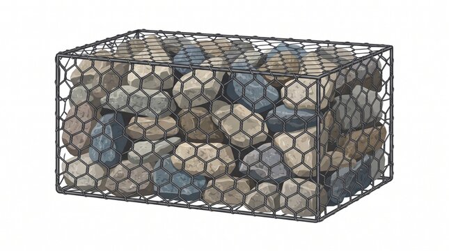 Rectangular gabion cage of black hexagonal wire mesh filled with large natural stones in beige, gray, brown and blue-gray tones, isolated on white background.