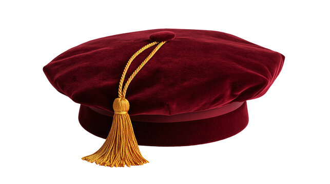 Burgundy velvet doctoral tam with a golden yellow tassel