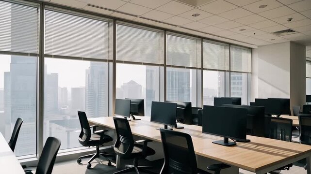 Modern open-plan office with computer workstations, ergonomic chairs, expansive windows, and city skyline views across three changing interior perspectives.