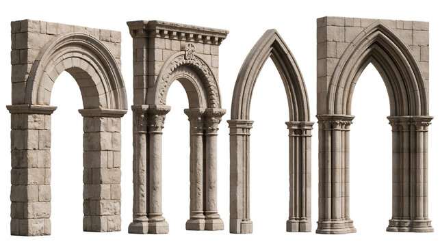 Set of ancient stone gothic and romanesque architectural arches and columns