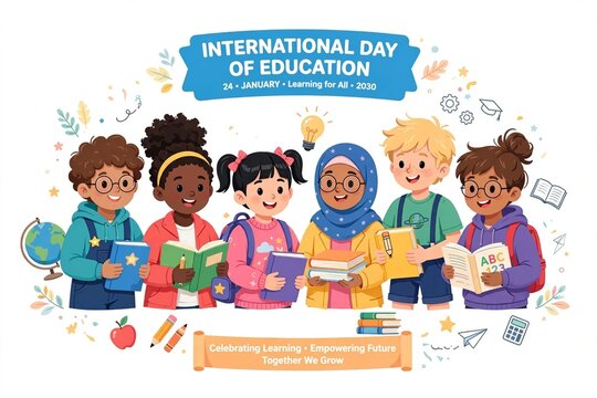 illustration of diverse happy school children holding books celebrating International Day of Education 24 January, inclusive education concept.