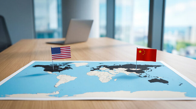 World map on office desk with flags of united states and china, laptop in background, blurry cityscape view. Global politics, international trade, geopolitics, diplomacy.