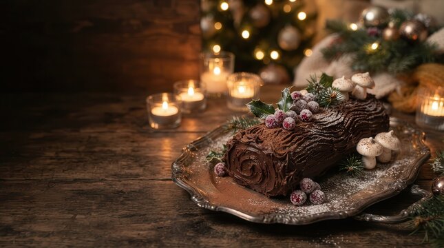 Chocolate Yule Log Cake with Meringue Mushrooms