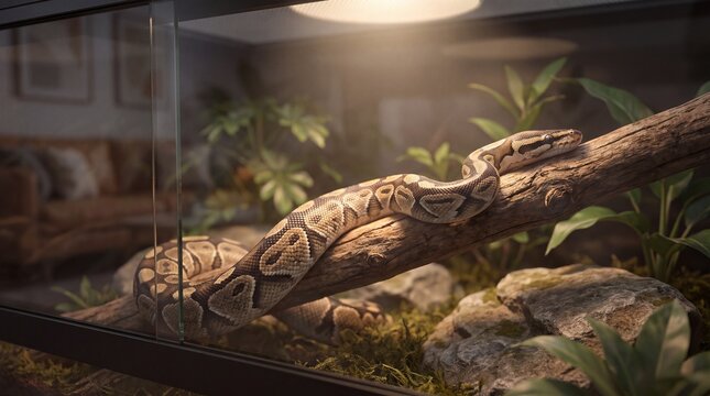 Ball python resting on a wooden branch inside a glass terrarium with lush green foliage