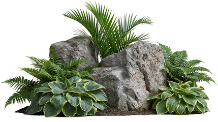 Large grey granite boulders with green palm fronds ferns and hosta plants © Cressida
