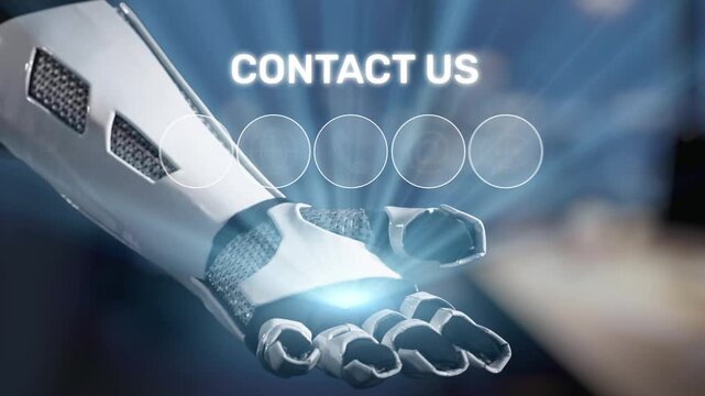 A futuristic robotic arm extends with icons representing various contact methods. symbolizes advanced communication tools for modern businesses. Salient