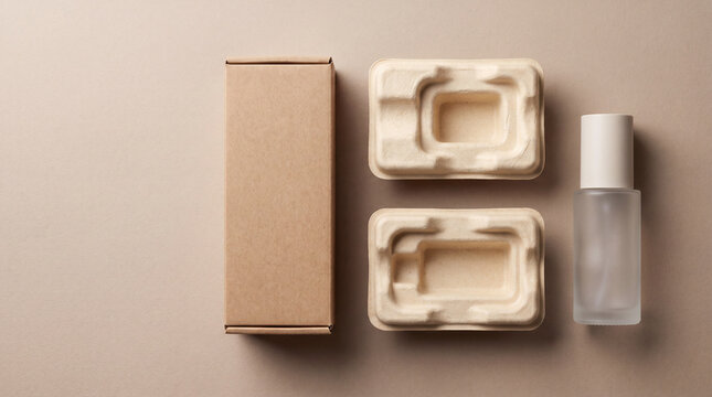 Top view of an unbranded skincare bottle, kraft cardboard box and molded pulp packaging inserts arranged on a neutral background. Sustainable cosmetic packaging concept with copy space.