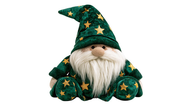 Green velvet wizard gnome plush toy with gold star patterns and white beard