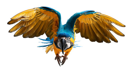 Blue and gold macaw parrot flying with wings spread wide © Cressida
