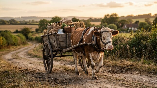 Brown and white ox pulling a wooden cart loaded with hay along a dusty rural country road