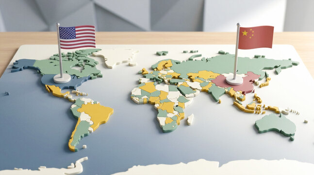 3D world map model with flags of United States and China on a wooden table, global geopolitics concept. International relations, trade, diplomacy, economy.