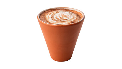 Hot coffee latte in terracotta ceramic clay cup isolated on transparent background