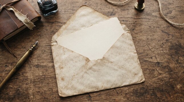 An aged paper card inside a vintage envelope with a fountain pen on wooden desk with weathered wooden table rests inside open blank piece aged