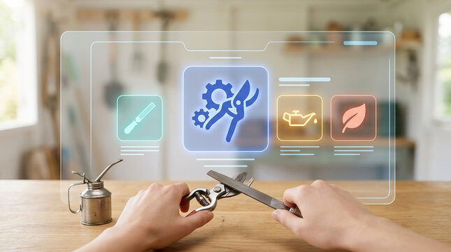 Futuristic concept of smart gardening showing hands sharpening pruning shears with a file tool guided by a digital holographic user interface HUD.