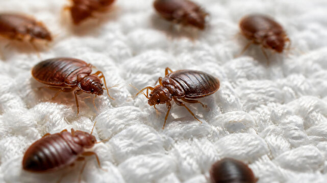 A close-up shot of several brown bed bugs crawling on a white textured fabric surface. 