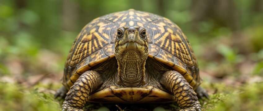 Close up of an eastern box turtle resting on the forest floor among green moss and leaves