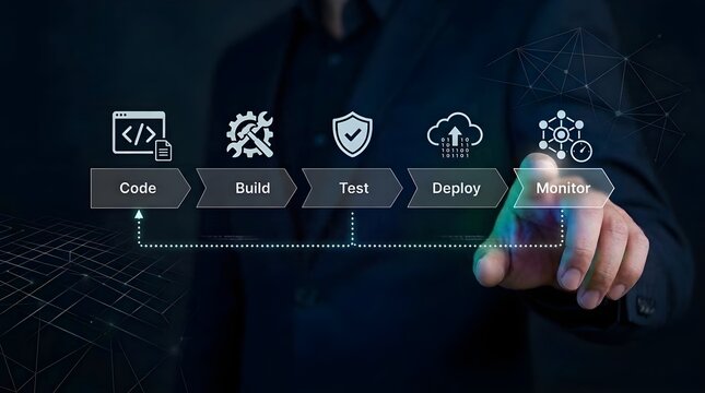 Business Professional Interacting With A Digital Software Development Lifecycle Interface For Automated Systems Management And Continuous Integration