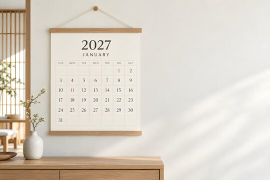 和モダンの室内に飾った2027年1月の壁掛けカレンダー