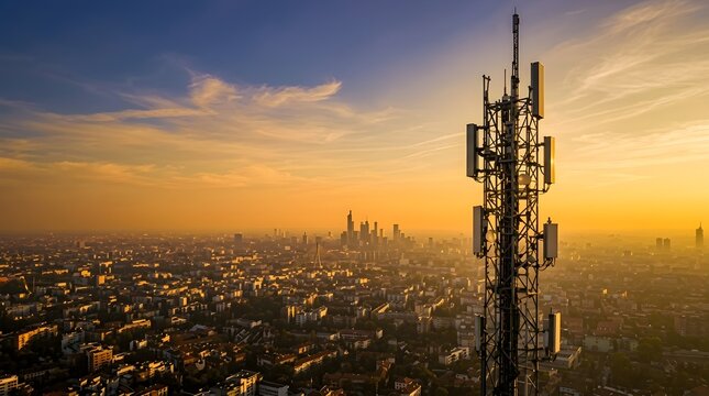 Wireless communication tower standing tall above a sprawling urban landscape during a warm golden hour sunset for global network connectivity